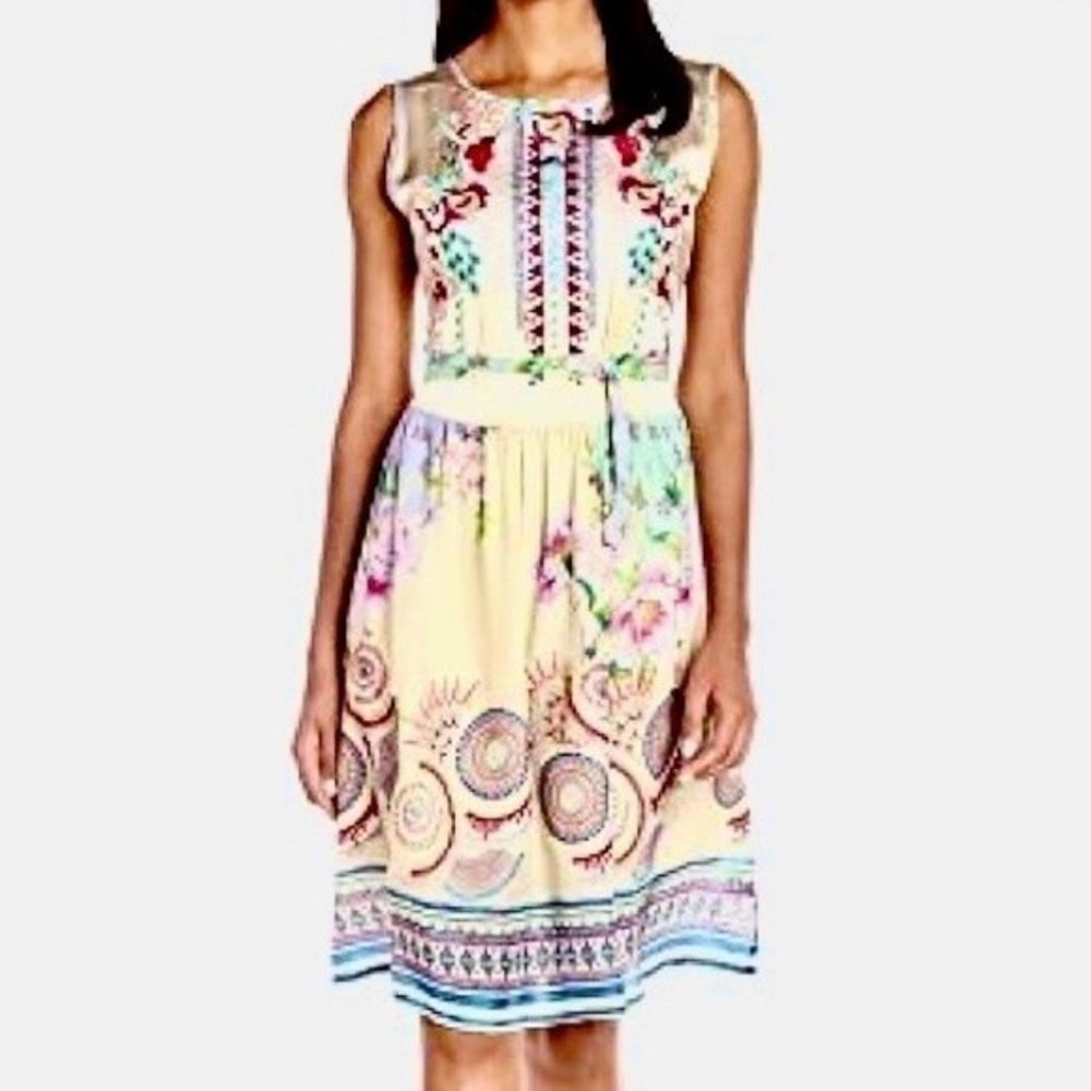 Johnny Was vVntage Floral Embroidered Sleeveless Yellow Fit & Flare Dress